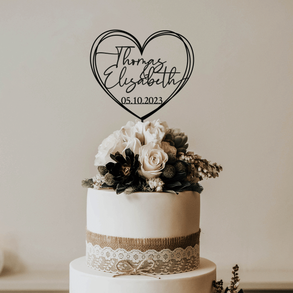Two Names Wedding Personalized Cake Topper, Gold Wedding Cake Topper, Cake Topper Heart with Names and Date
