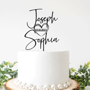 Two Names Cake Topper, Gold Wedding Cake Toppers, Personalized Cake Topper with Heart and Date, Anniversary Cake Topper