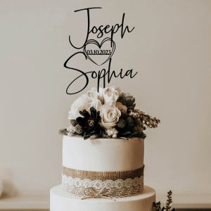 Two Names Cake Topper, Gold Wedding Cake Toppers, Personalized Cake Topper with Heart and Date, Anniversary Cake Topper