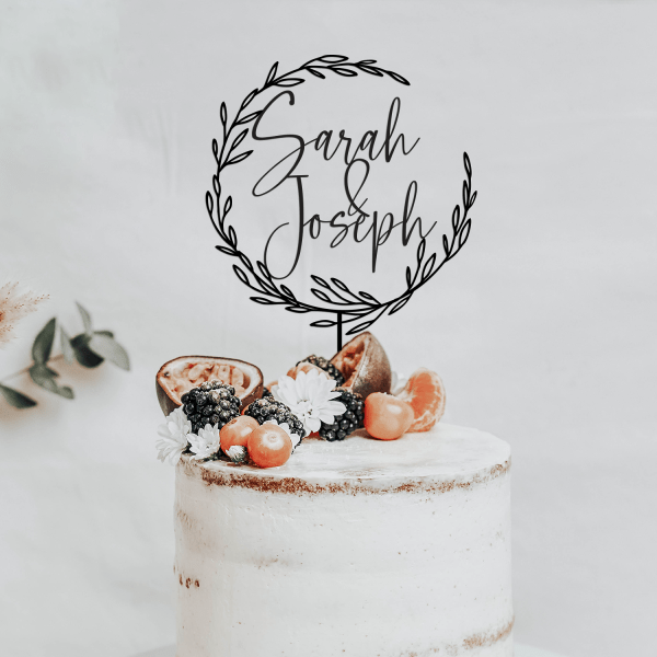 Wedding Cake Topper with Two Names, Rustic Wreath Cake Topper, Custom Names Cake Topper, Available in Multiple Colors