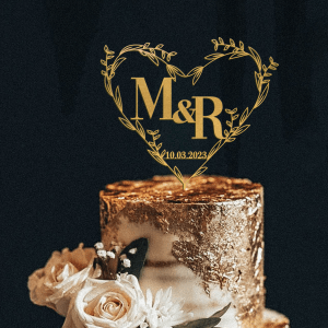 Heart Wreath Cake Topper for Weddings, Initials and Date Cake Topper, Anniversary Cake Topper