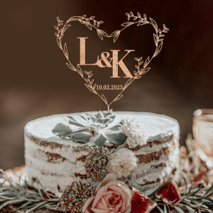 Heart Wreath Cake Topper for Weddings, Initials and Date Cake Topper, Anniversary Cake Topper