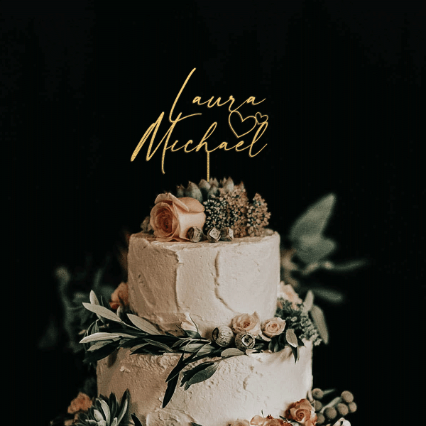 Personalized Wedding Cake Topper with Two Names and Hearts, Gold Wedding Cake Topper, Personalized Names Cake Topper, Available in multiple colors