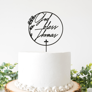 God Bless Cake Topper, Baptism Cake Topper with a Custom Name, Wreath Christening Cake Topper