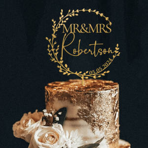 Wreath Wedding Cake Topper, Personalized Cake Topper with Mr and Mrs, Gold Cake Topper, Rustic Wreath Cake Topper, Custom Cake Topper with a Date, Anniversary Cake Topper