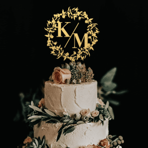 Wedding Cake Topper with Initials, Floral Wreath Cake Topper, Personalized Monogram Cake Topper