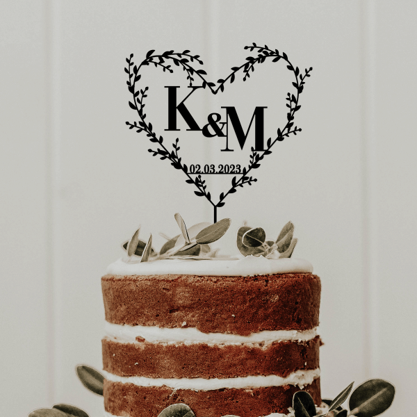 Monogram Cake Topper Wedding, Personalized Initials Cake Topper, Heart Shaped Wreath Cake Topper, Floral Wreath, Available in Multiple Colors