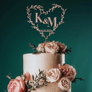 Monogram Cake Topper Wedding, Personalized Initials Cake Topper, Heart Shaped Wreath Cake Topper, Floral Wreath, Available in Multiple Colors