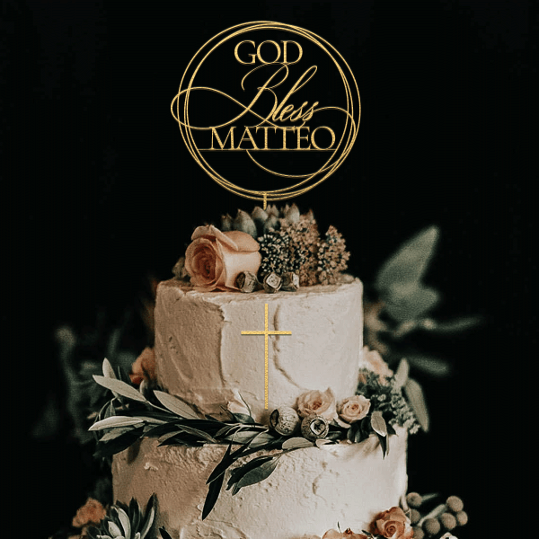 God Bless Cake Topper, Personalized Baptism Cake Topper with a Name, Wreath Christening Cake Topper, First Communion Cake topper, Available in Multiple Colors