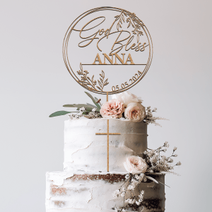 God Bless Cake Topper, Personalized Baptism Cake Topper with a Name and a Date, Wreath Christening Cake Topper, Rustic
