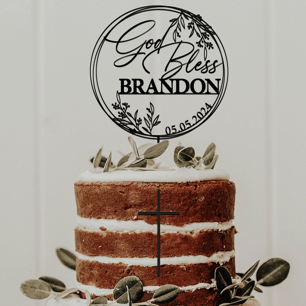 God Bless Cake Topper, Personalized Baptism Cake Topper with a Name and a Date, Wreath Christening Cake Topper, Rustic