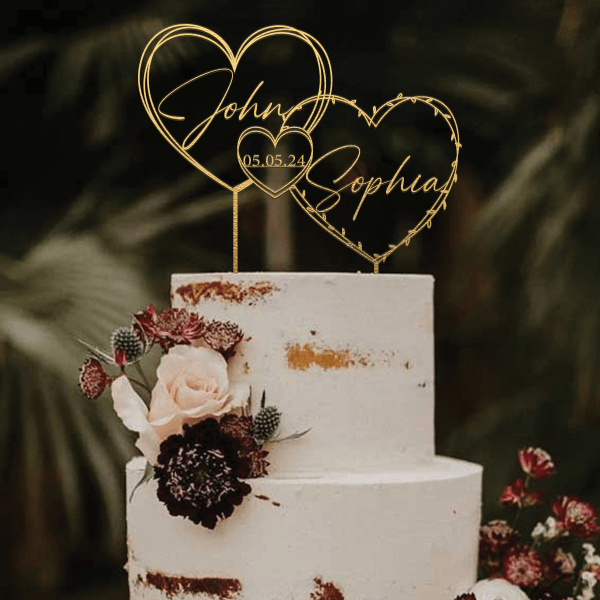 Hearts Wreath Wedding Cake Topper, Personalized Cake Topper with Two Names and a Date, Gold Wedding Cake Topper, Rustic