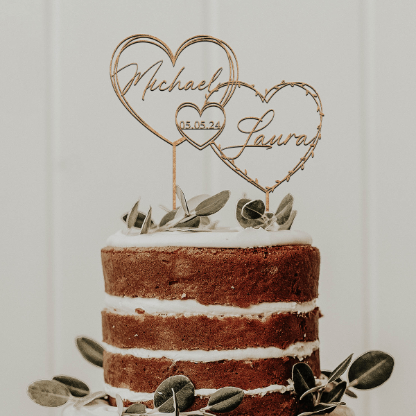 Hearts Wreath Wedding Cake Topper, Personalized Cake Topper with Two Names and a Date, Gold Wedding Cake Topper, Rustic