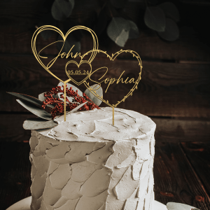 Hearts Wreath Wedding Cake Topper, Personalized Cake Topper with Two Names and a Date, Gold Wedding Cake Topper, Rustic