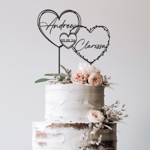 Hearts Wreath Wedding Cake Topper, Personalized Cake Topper with Two Names and a Date, Gold Wedding Cake Topper, Rustic