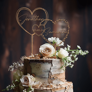 Hearts Wreath Wedding Cake Topper, Personalized Cake Topper with Two Names and a Date, Gold Wedding Cake Topper, Rustic