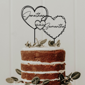 Hearts Wreath Wedding Cake Topper, Personalized Cake Topper with Two Names and a Date, Gold Wedding Cake Topper, Rustic