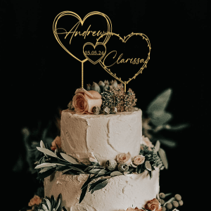 Hearts Wreath Wedding Cake Topper, Personalized Cake Topper with Two Names and a Date, Gold Wedding Cake Topper, Rustic
