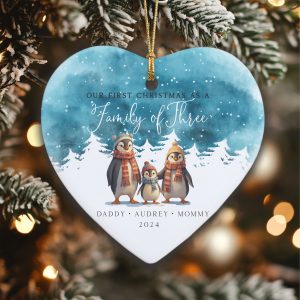 Penguin Family Christmas Ornament, Watercolor Christmas Gift