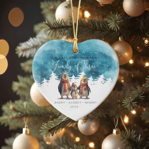 Penguin Family Christmas Ornament, Watercolor Christmas Gift