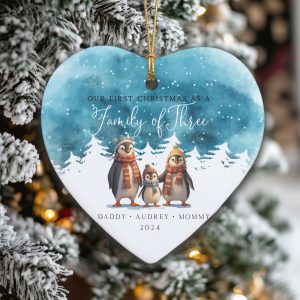 Penguin Family Christmas Ornament, Watercolor Christmas Gift