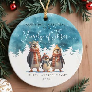 Penguin Family Christmas Ornament, Watercolor Christmas Gift
