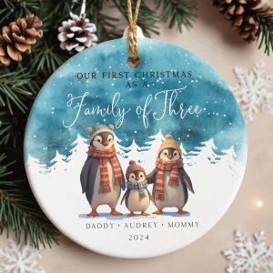 Penguin Family Christmas Ornament, Watercolor Christmas Gift