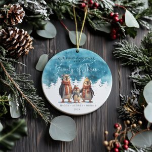 Penguin Family Christmas Ornament, Watercolor Christmas Gift