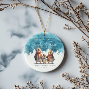 Penguin Family Christmas Ornament, Watercolor Christmas Gift
