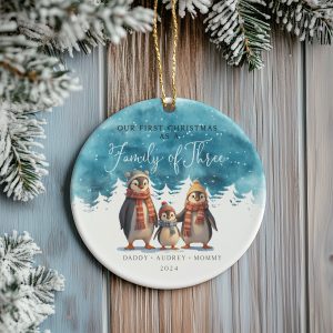 Penguin Family Christmas Ornament, Watercolor Christmas Gift