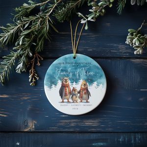 Penguin Family Christmas Ornament, Watercolor Christmas Gift