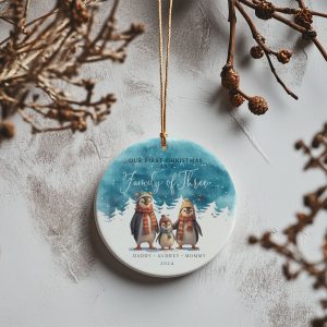 Penguin Family Christmas Ornament, Watercolor Christmas Gift
