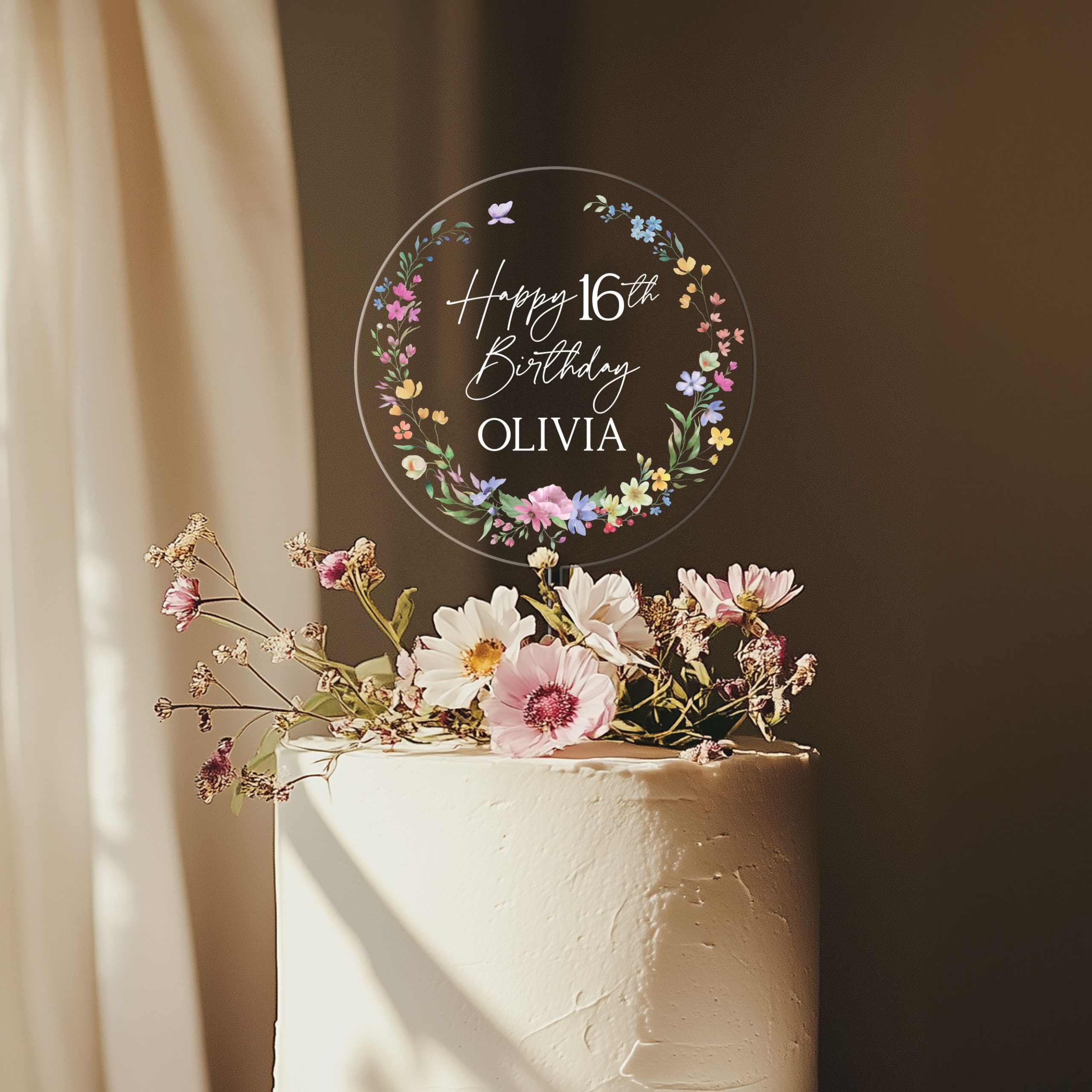 Design-Circle-8_0000_Group-9 16th Birthday Cake Topper, Wildflowers Acrylic Cake Topper