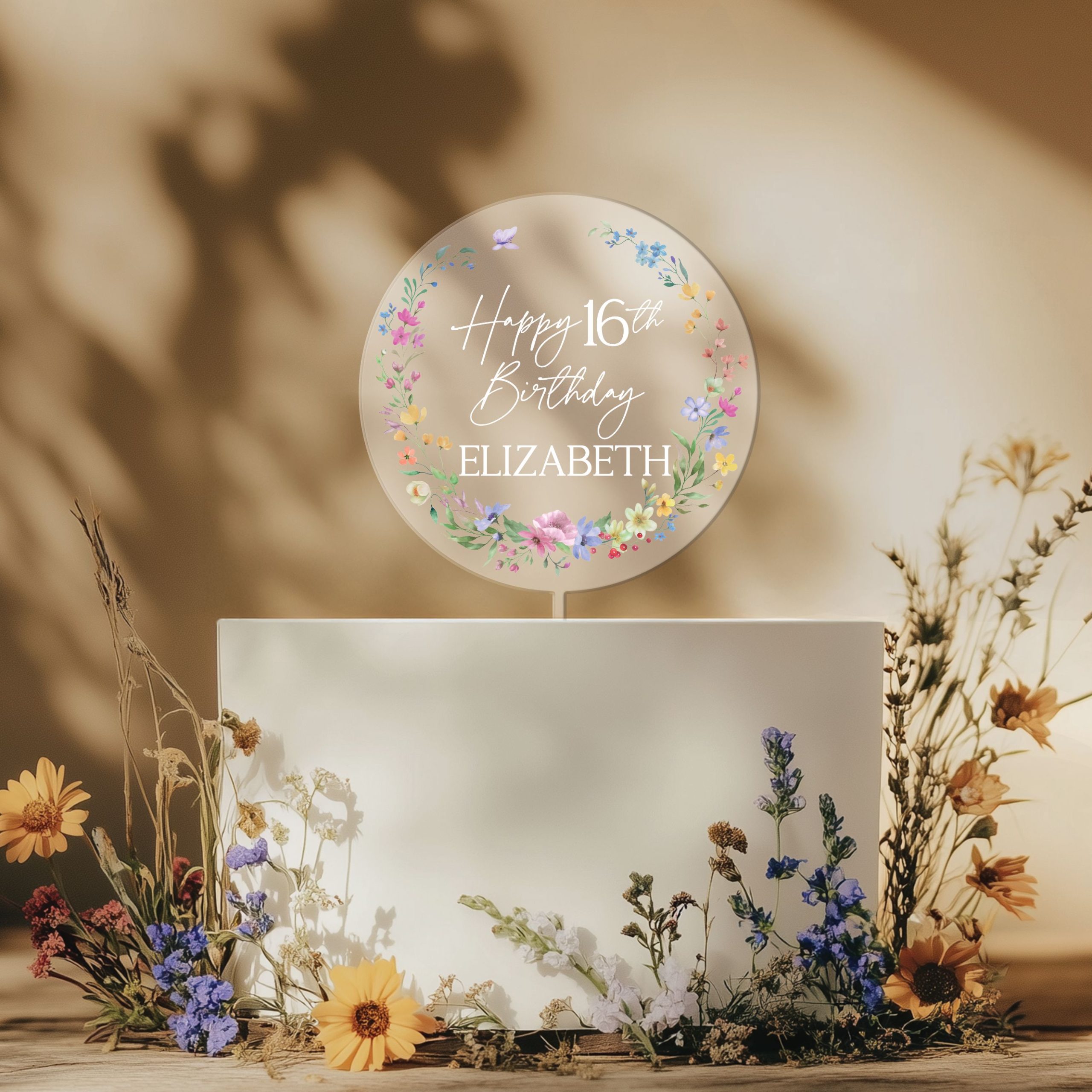 Design-Circle-8_0003_Group-6-frosted 16th Birthday Cake Topper, Wildflowers Acrylic Cake Topper