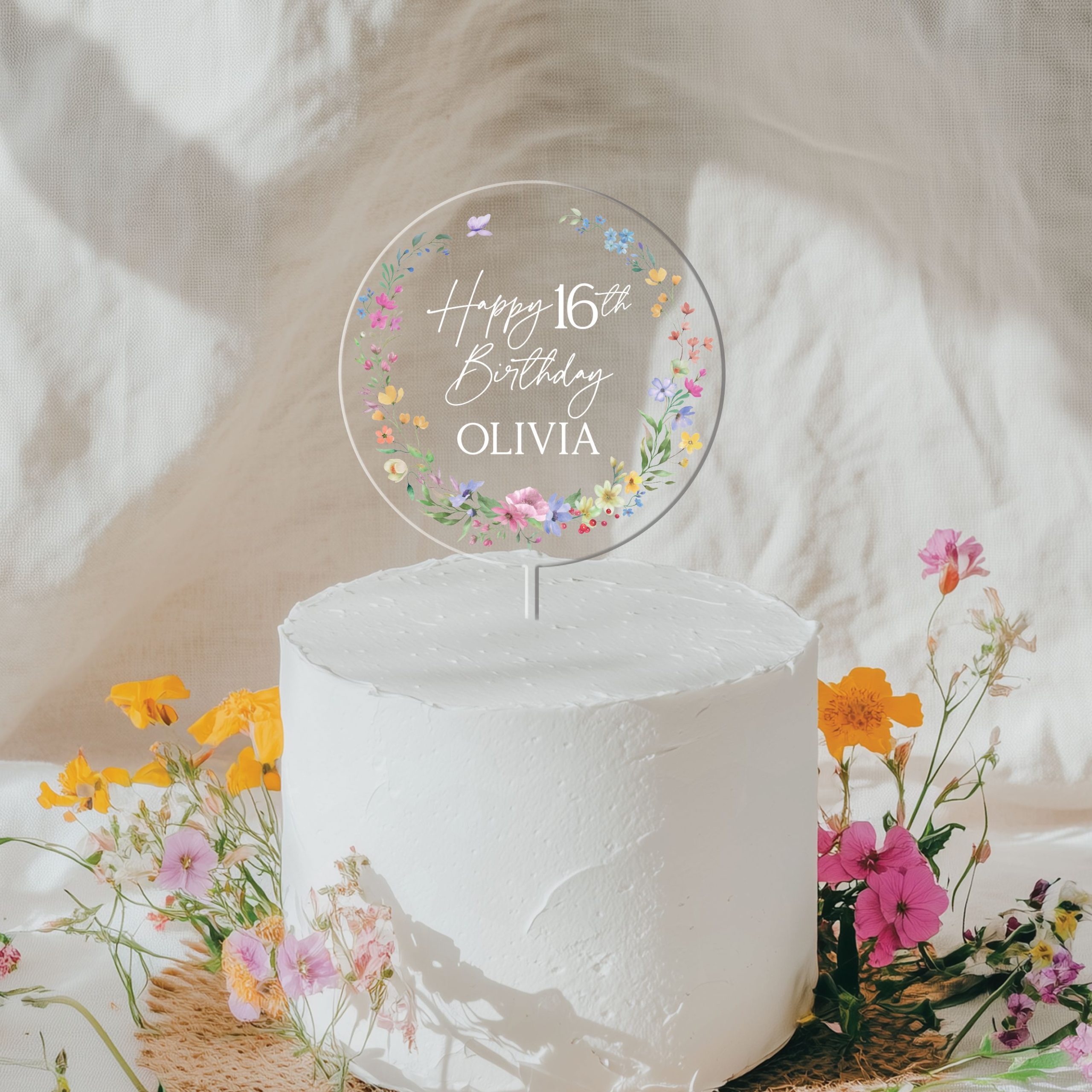 Design-Circle-8_0004_Group-5 16th Birthday Cake Topper, Wildflowers Acrylic Cake Topper