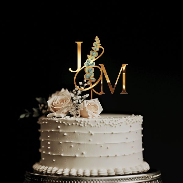 Monogrammed Floral Cake Topper, Wedding Acrylic Cake Topper