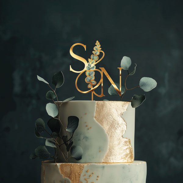Monogrammed Floral Cake Topper, Wedding Acrylic Cake Topper
