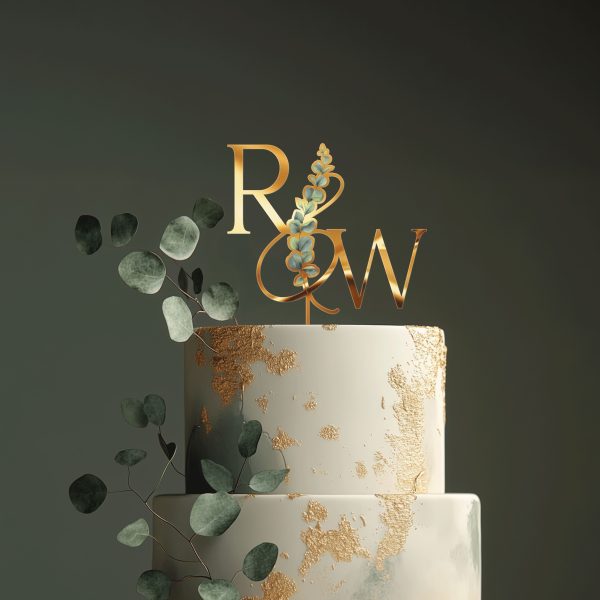 Monogrammed Floral Cake Topper, Wedding Acrylic Cake Topper