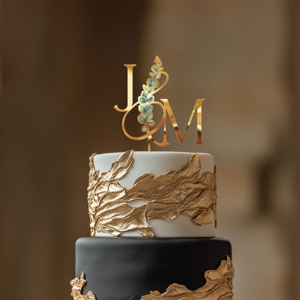 Monogrammed Floral Cake Topper, Wedding Acrylic Cake Topper