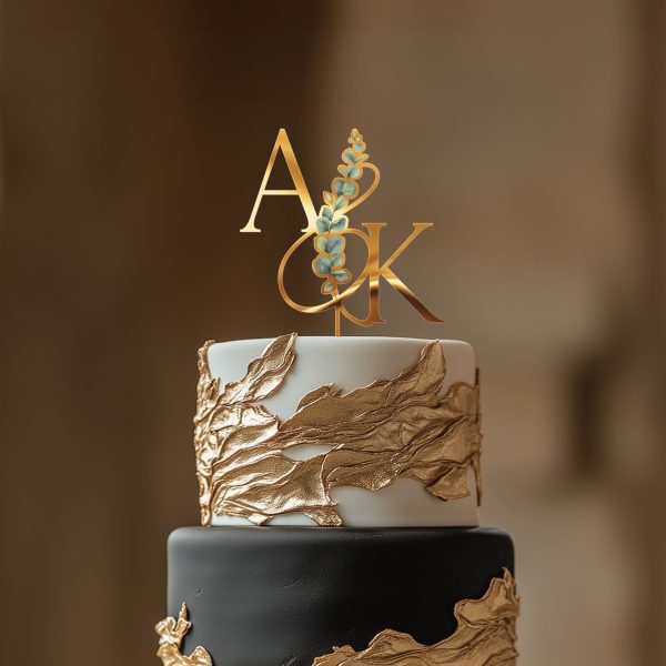 Monogrammed Floral Cake Topper, Wedding Acrylic Cake Topper