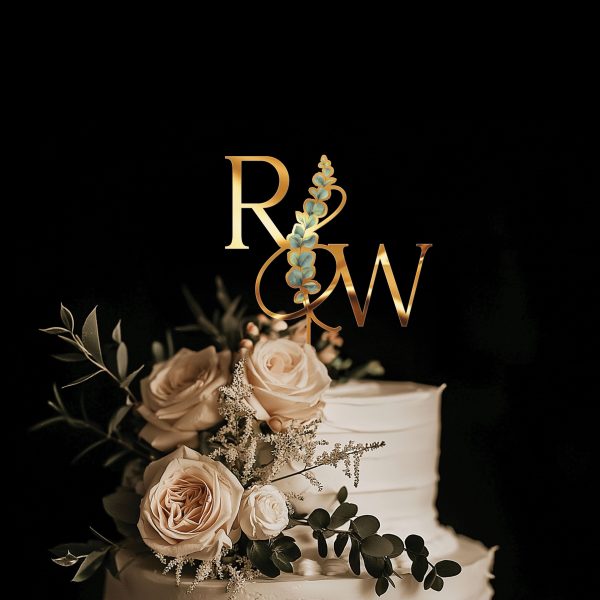 Monogrammed Floral Cake Topper, Wedding Acrylic Cake Topper