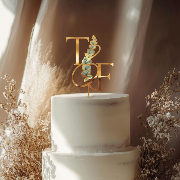 Monogrammed Floral Cake Topper, Wedding Acrylic Cake Topper