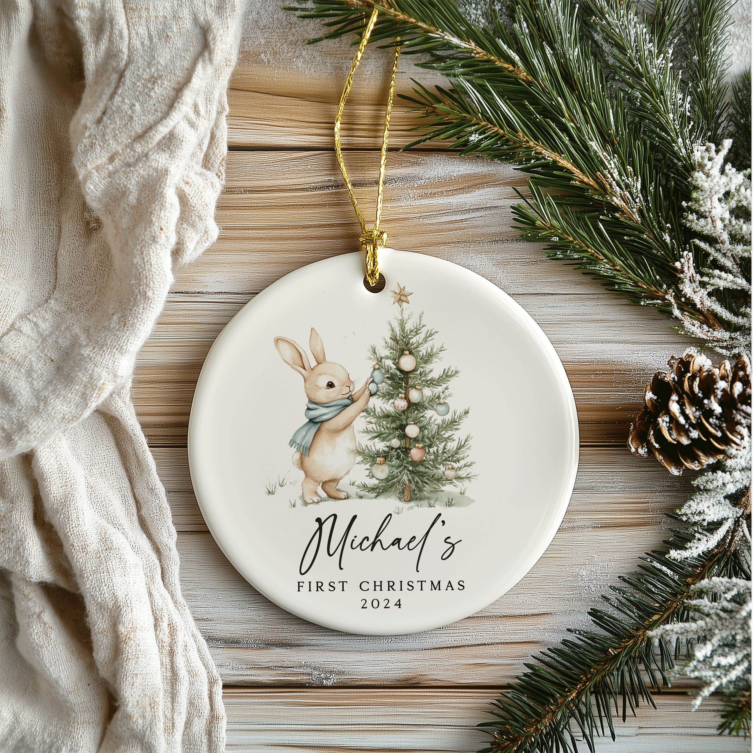 MNX75F---Name-and-Year-First-Christmas-Boy-Bunny_0003_Group-4 Baby Boy First Christmas Ornament, Personalized Baby Christmas Ornament