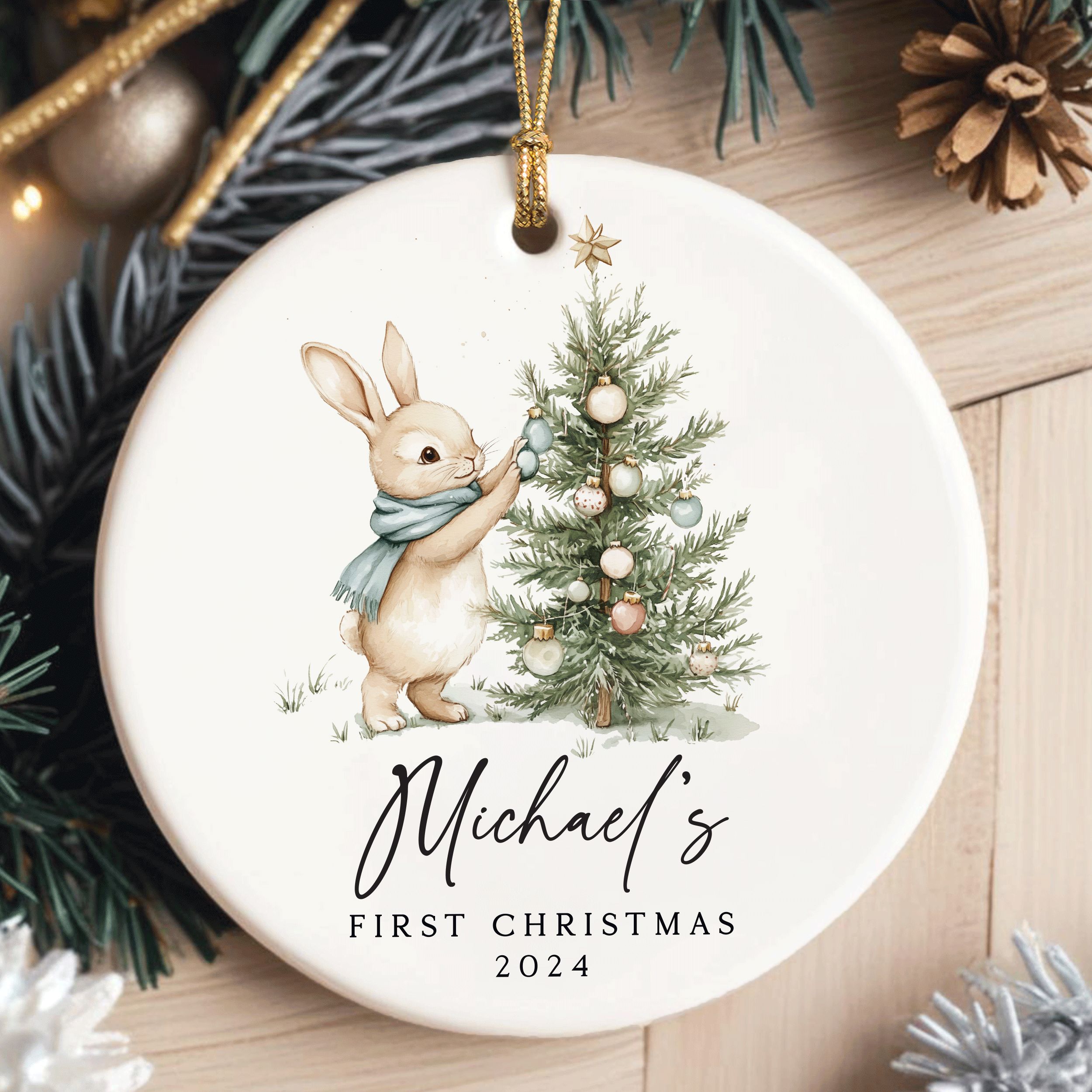 MNX75F---Name-and-Year-First-Christmas-Boy-Bunny_0005_Group-6 Baby Boy First Christmas Ornament, Personalized Baby Christmas Ornament