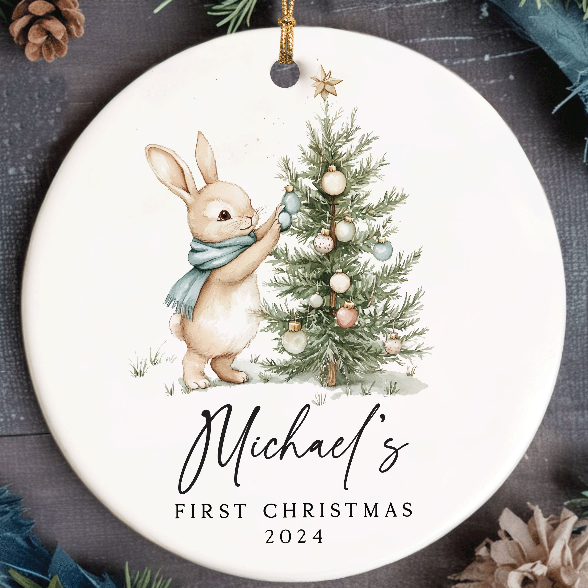 MNX75F---Name-and-Year-First-Christmas-Boy-Bunny_0006_Group-7 Baby Boy First Christmas Ornament, Personalized Baby Christmas Ornament