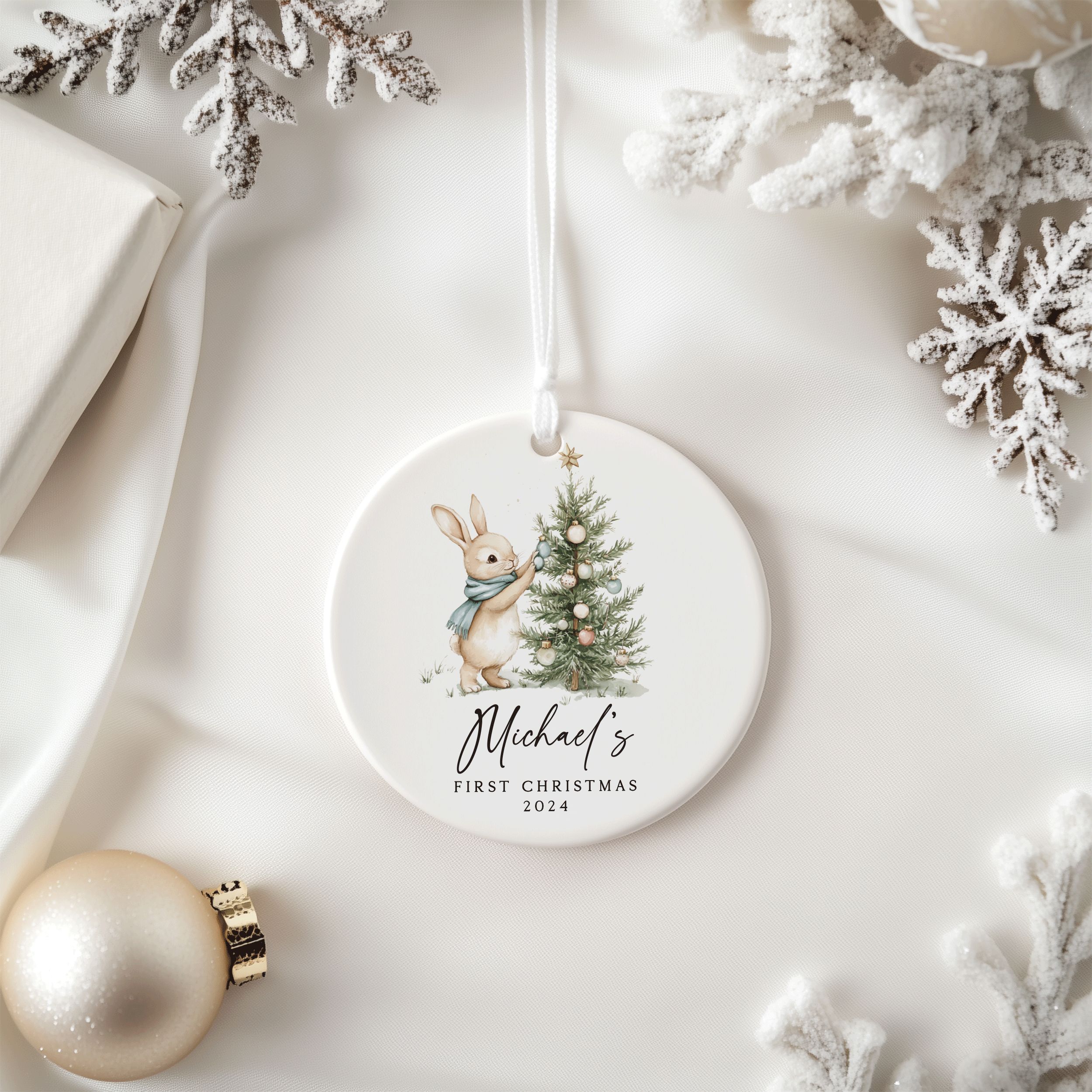 MNX75F---Name-and-Year-First-Christmas-Boy-Bunny_0007_Group-8 Baby Boy First Christmas Ornament, Personalized Baby Christmas Ornament