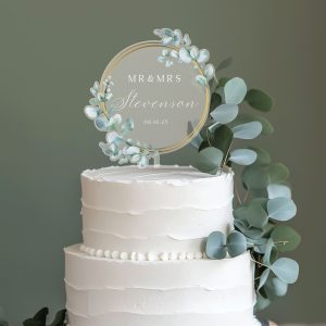 Unique Wedding Cake Topper, Eucalyptus and Gold Cake Topper