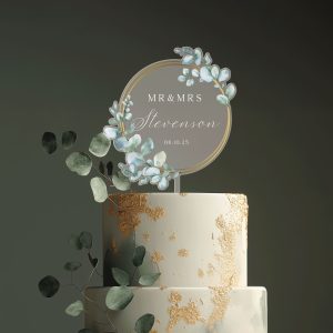 Unique Wedding Cake Topper, Eucalyptus and Gold Cake Topper