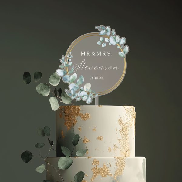 Unique Wedding Cake Topper, Eucalyptus and Gold Cake Topper