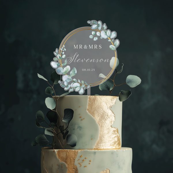 Unique Wedding Cake Topper, Eucalyptus and Gold Cake Topper